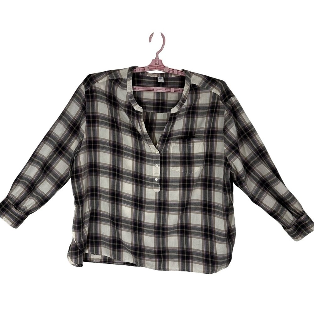 Old Navy Womens Purple Cream Plaid Popover Shirt XL Cotton/Rayon